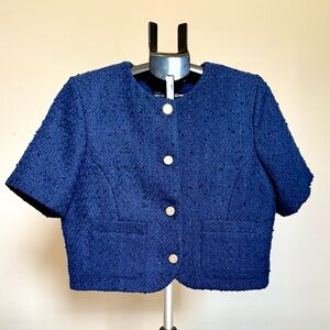 Abercrombie & Fitch Navy Short Sleeve Collarless Jacket with Gold Accents